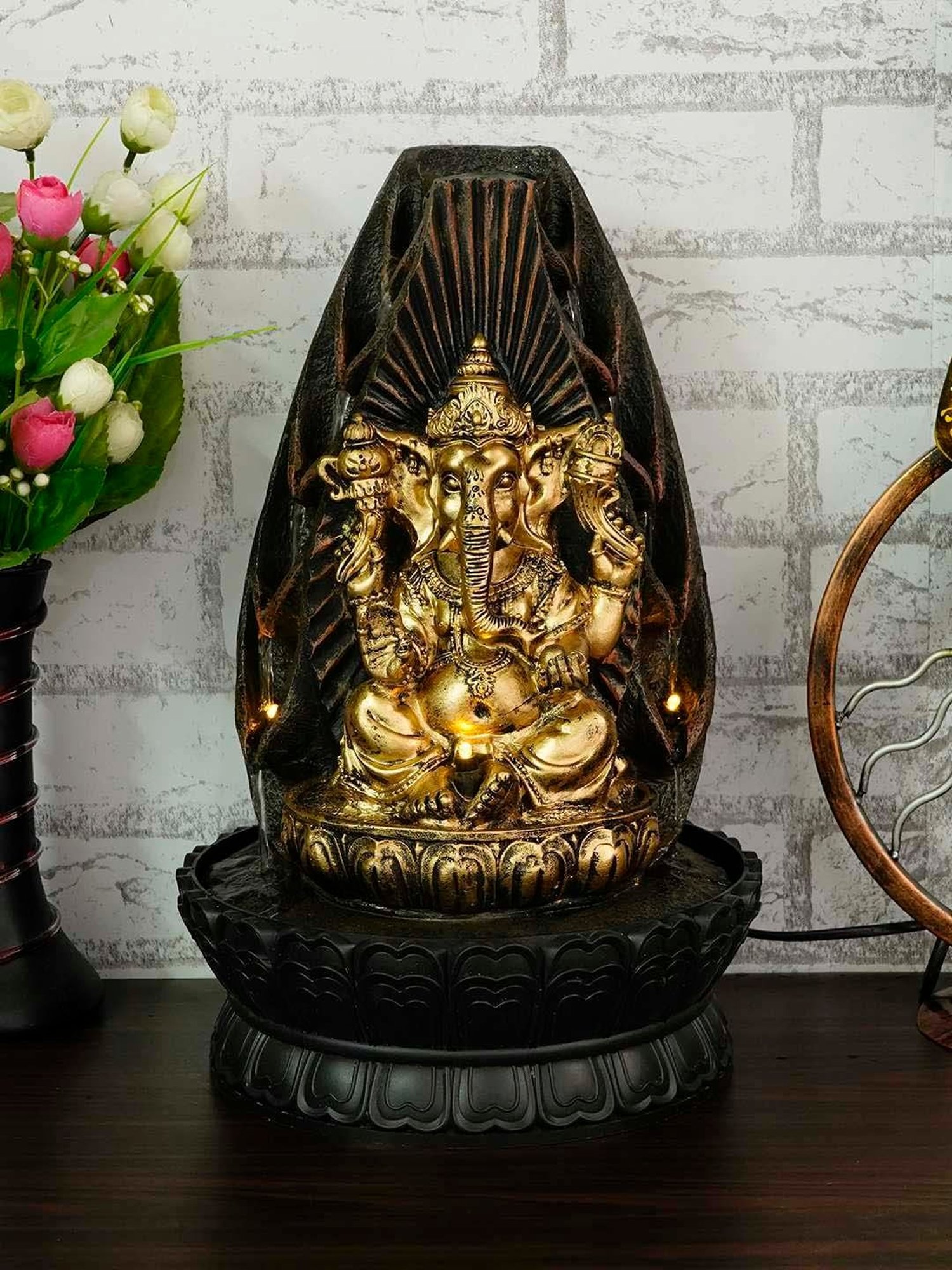 CHRONIKLE Golden & Brown Polyresin Ganesha Idol Both Sided 5 Steps Waterfall Fountain