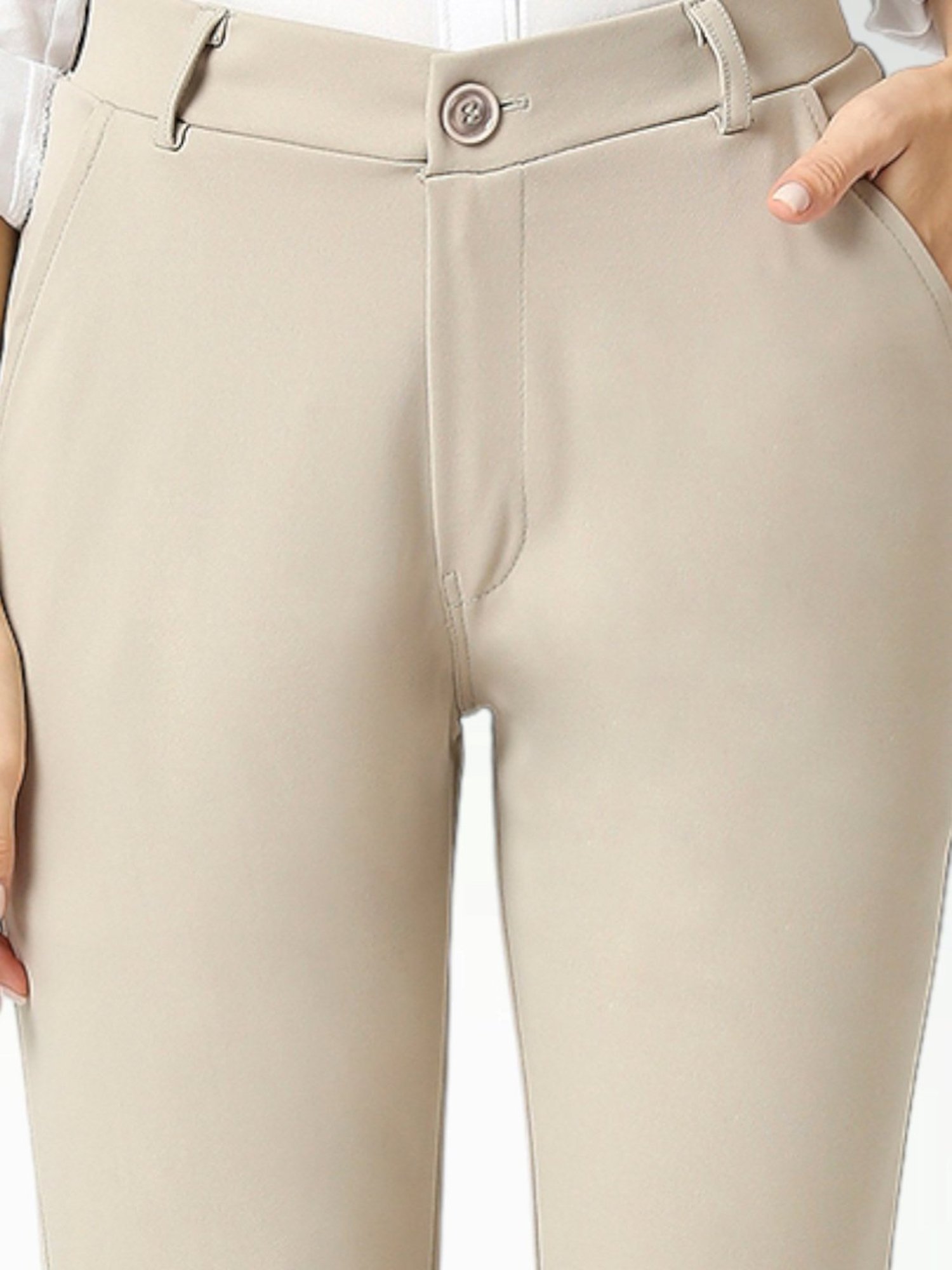 FITHUB Beige Slim Fit High Rise Trousers