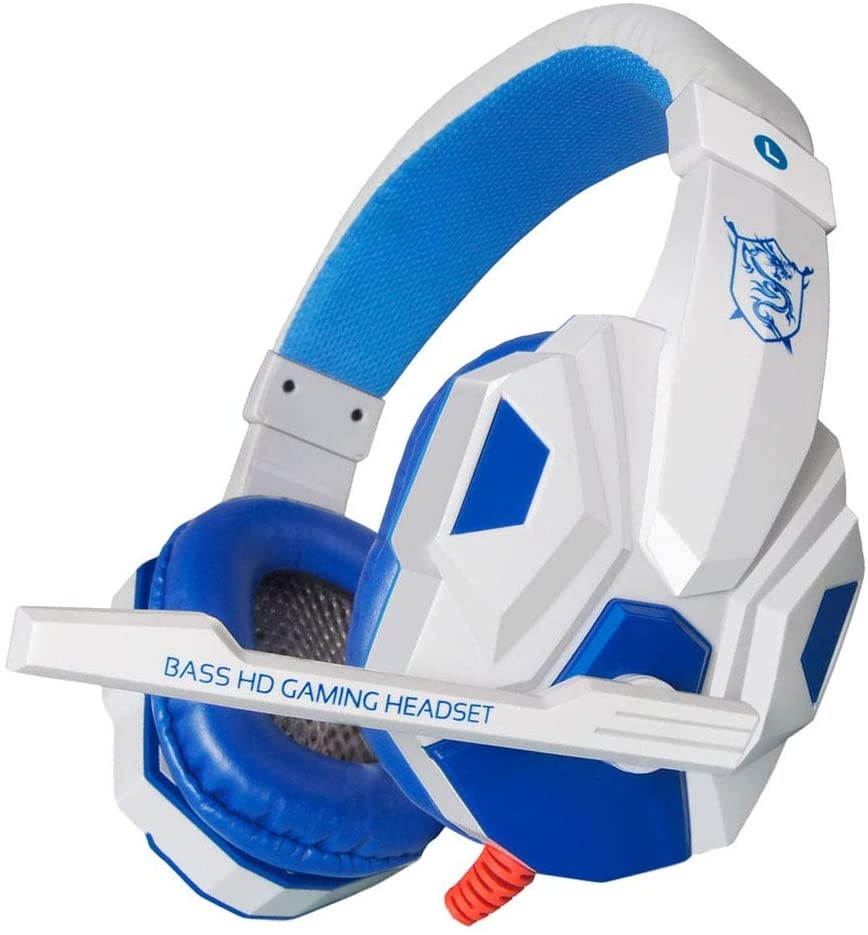 MagiDeal Noise Cancelling Mic Over Ears Gaming Headphones with Mic Stereo for Gamer - White and Blue