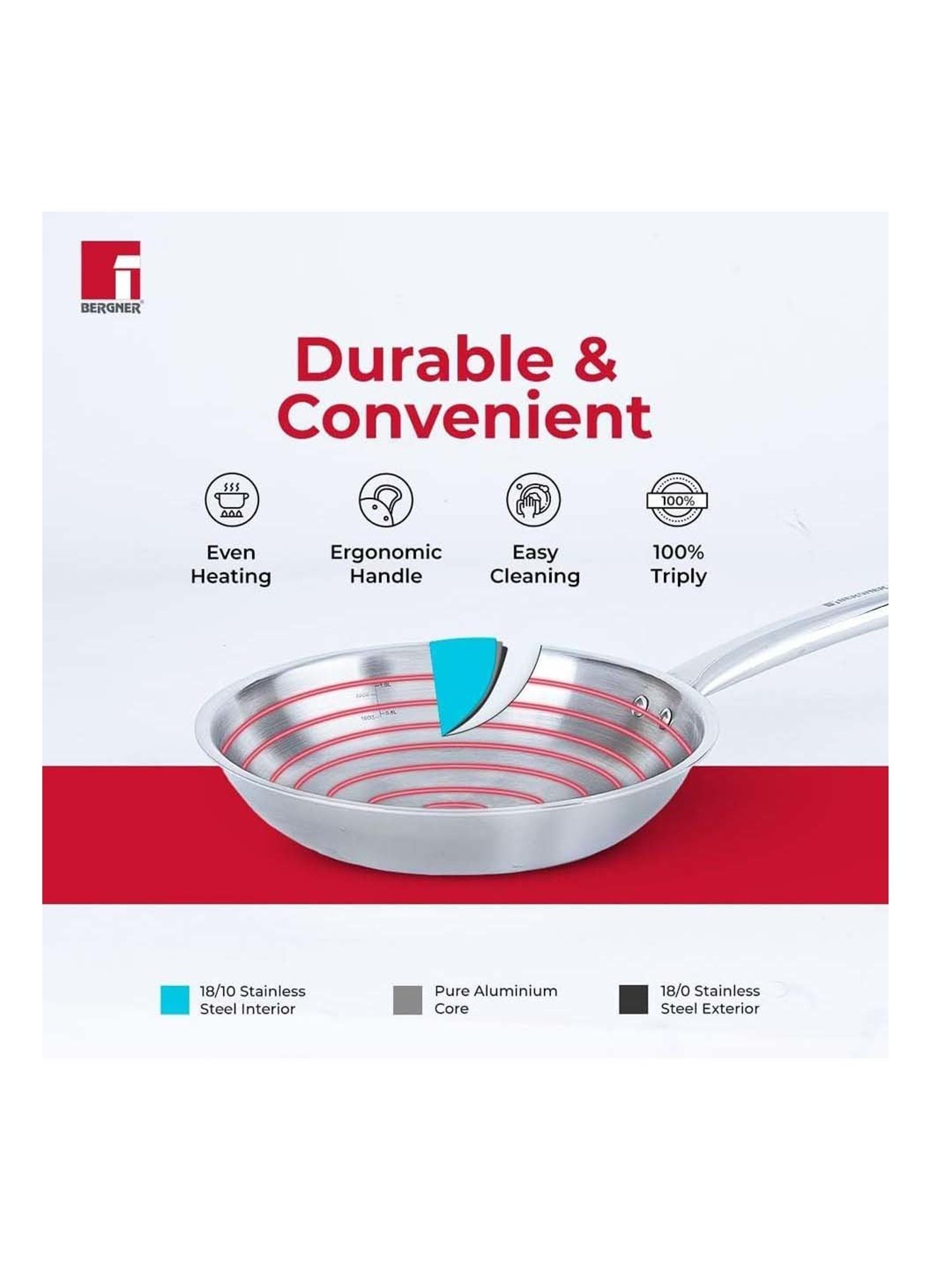 Bergner Tripro Silver Stainless Steel 22 cm Induction Friendly Triply Frypan & Skillet (1.1 L)