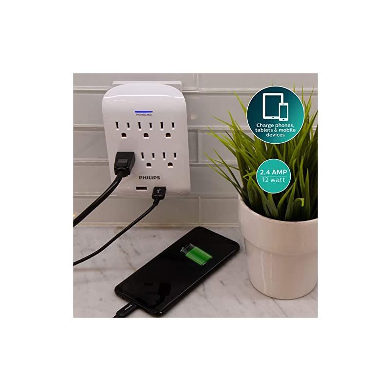 6Outlet 2 USB Surge Protector Wall Tap Adapter Charging Station 3Prong SPP6263WB37 White
