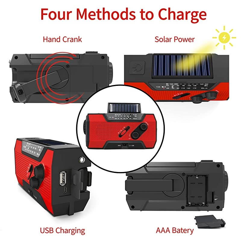 Rechargeable Solar Crank AMFMNOAAWeather Radio with Flashlight2000 mAh Power BankSOS Alarm Reading LampPhone Charger for Tornadoes Hurricanesand Storms