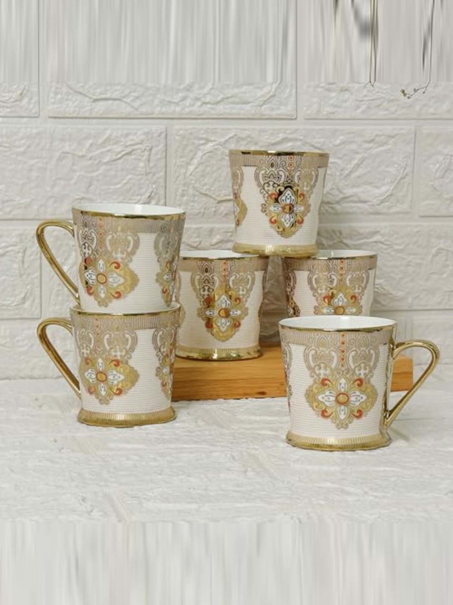 Femora Red & Imperial Gold Ceramic Tea Mugs (0.18 L) - Set of 6