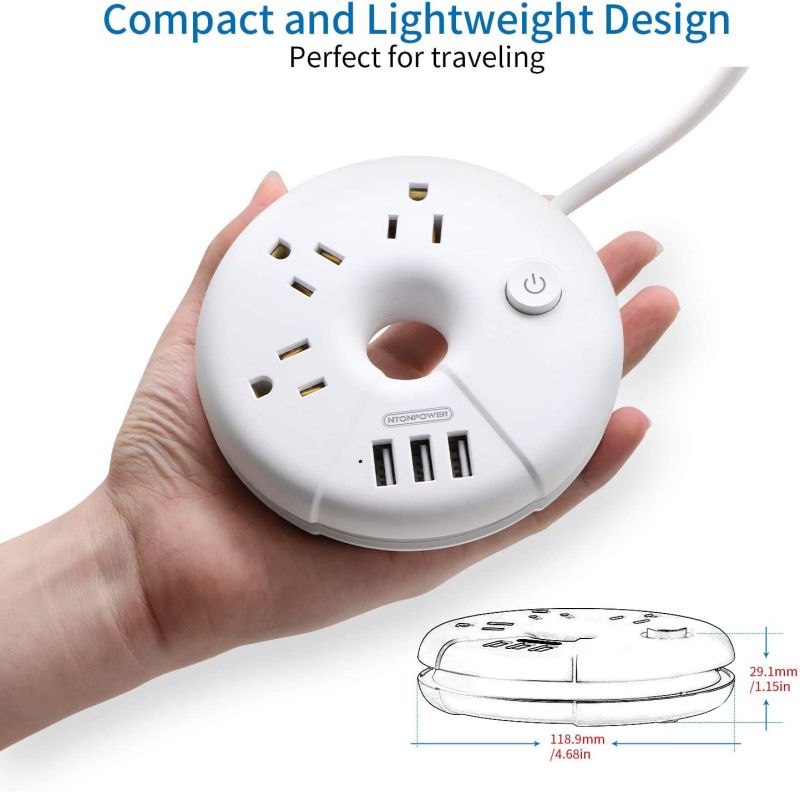 Power Strip with USB Travel Power Strip 3 USB 3 Outlets Desktop Charging Station with 5ft Extension Cord Compact for Nightstand Home Officd Dorm Room Travel - White