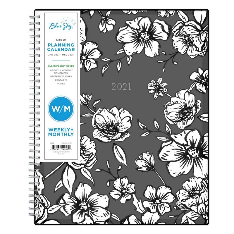 2021 Planner 8.5" x 11" Clear Plastic Cover Weekly/Monthly Wirebound Wild Blooms Black & White - Blue Sky