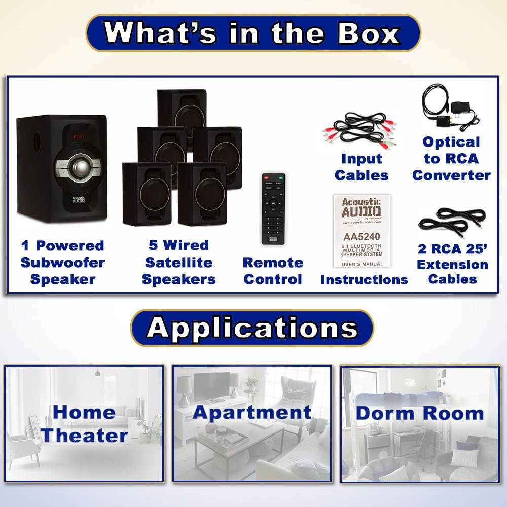 Acoustic Audio AA5240 Home Theater 5.1 Bluetooth Speaker System with Optical Input and 2 Extension Cables
