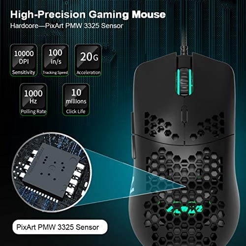 A-jazz AJ390 Gaming Mouse with 16,000 DPI Optical Sensor Chroma RGB Lighting,69g Lightweight Honeycomb Shell, Ultraweave Cable,6 Programmable Buttons for PC Gamer
