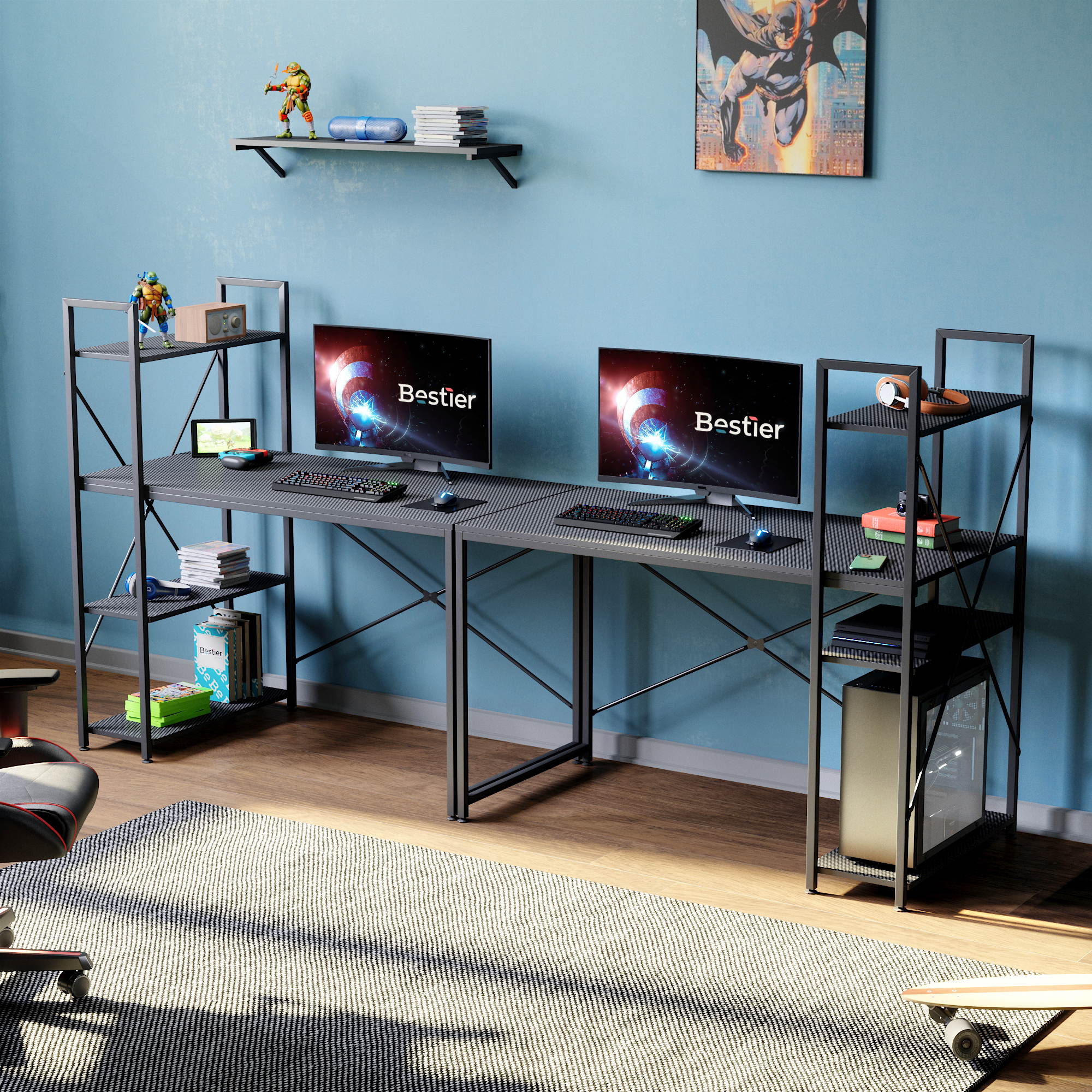 Bestier 63 Inch Computer Desk with Storage Shelves, Modern Bookshelf Desk with Headphone Hook Large Workstation Writing Desk with Reversible Bookshelves Home Office Work Table Study Desk Grey