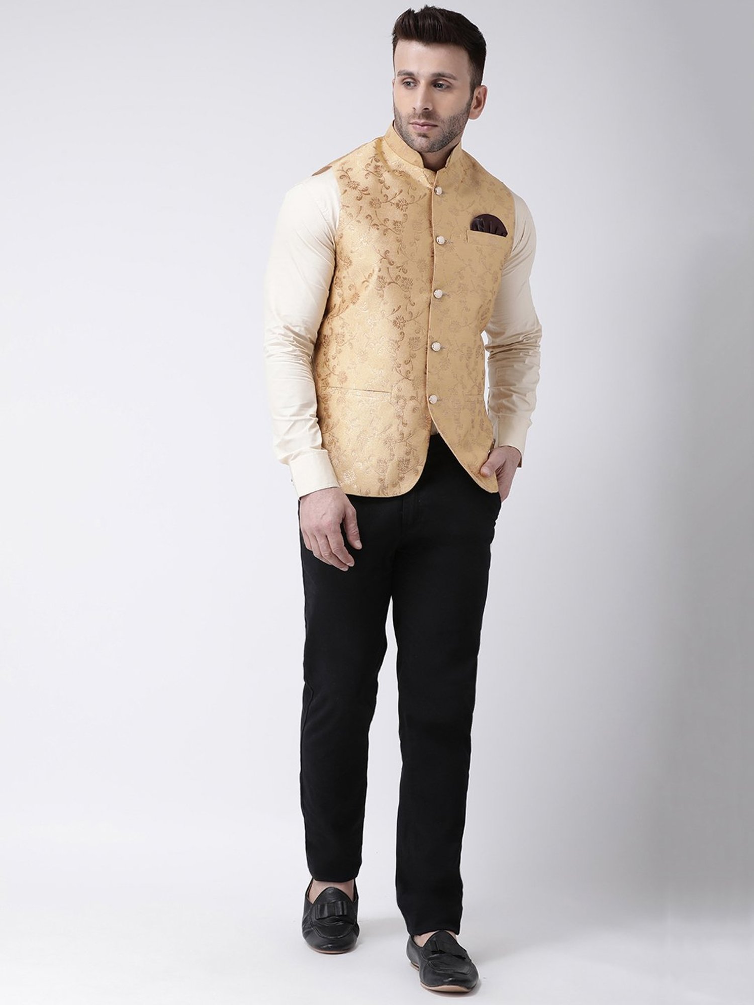 Hangup Plus Fawn Regular Fit Jacquard Nehru Jacket