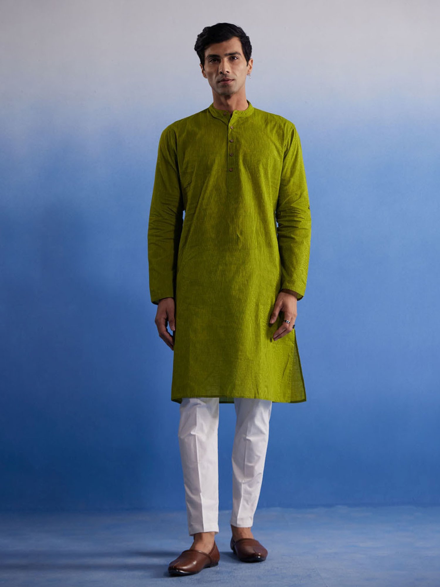 Vastramay Green & White Cotton Regular Fit Striped Kurta Bottom Set