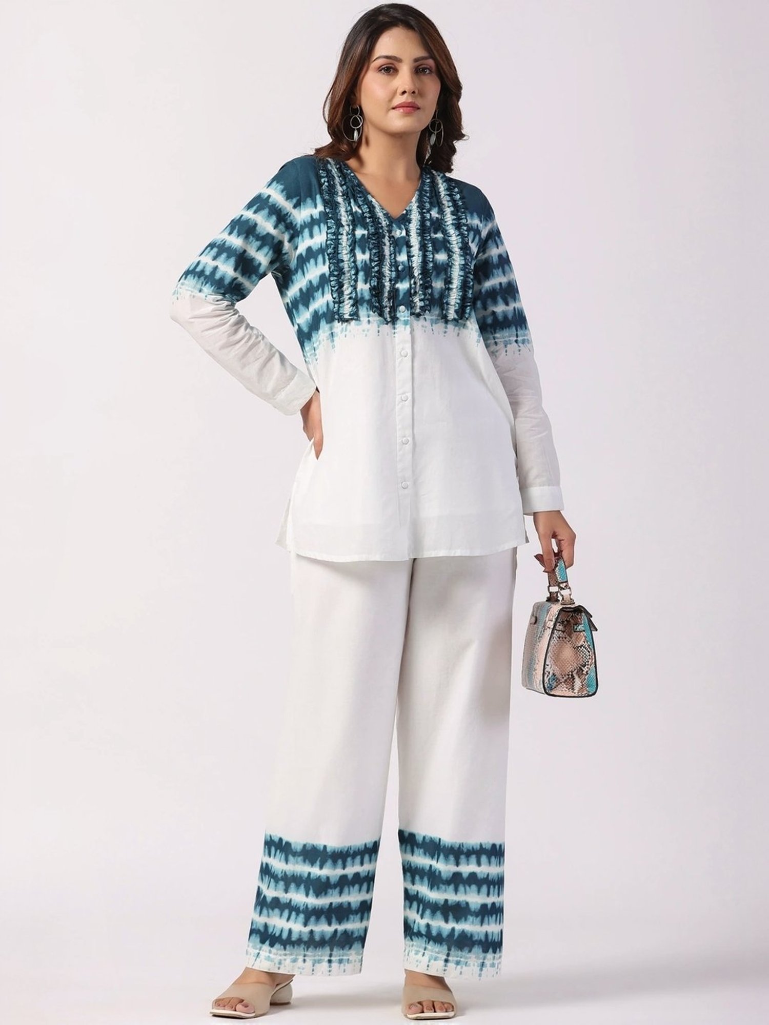 Zolo Label White Cotton Printed Shirt Palazzo Set
