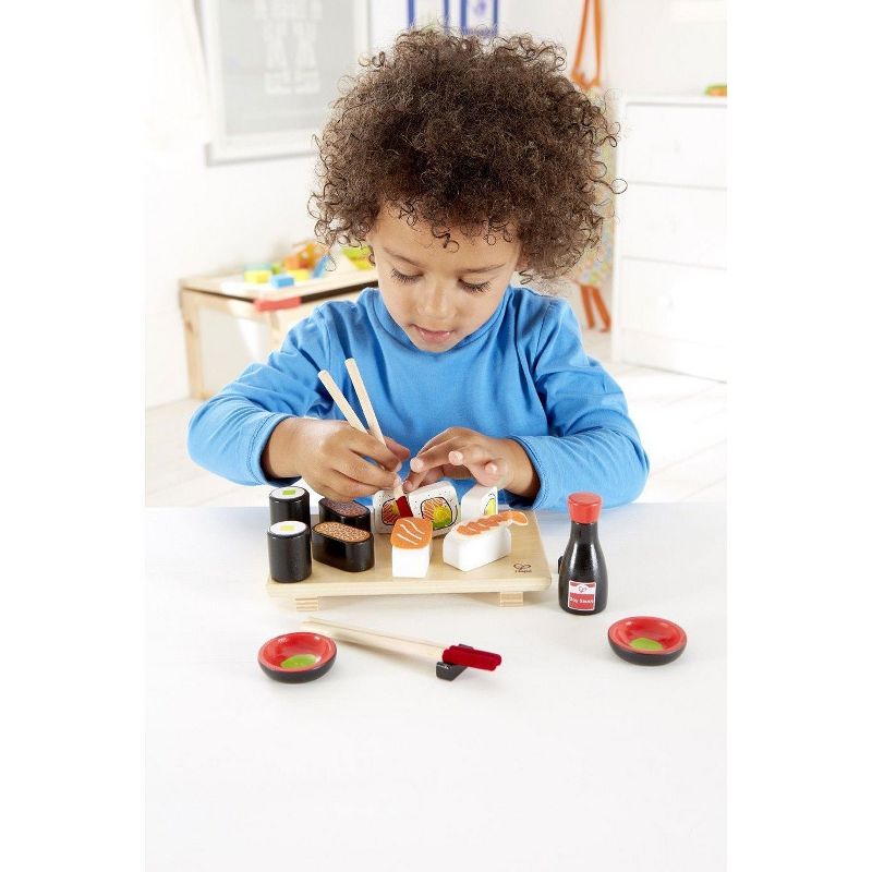 Hape E3130 Sushi Selection Kids Wooden Pretend Kitchen Play Food and Accessories Set with Sushi Rolls, Chopsticks, Bowls, Soy Sauce, and Serving Board