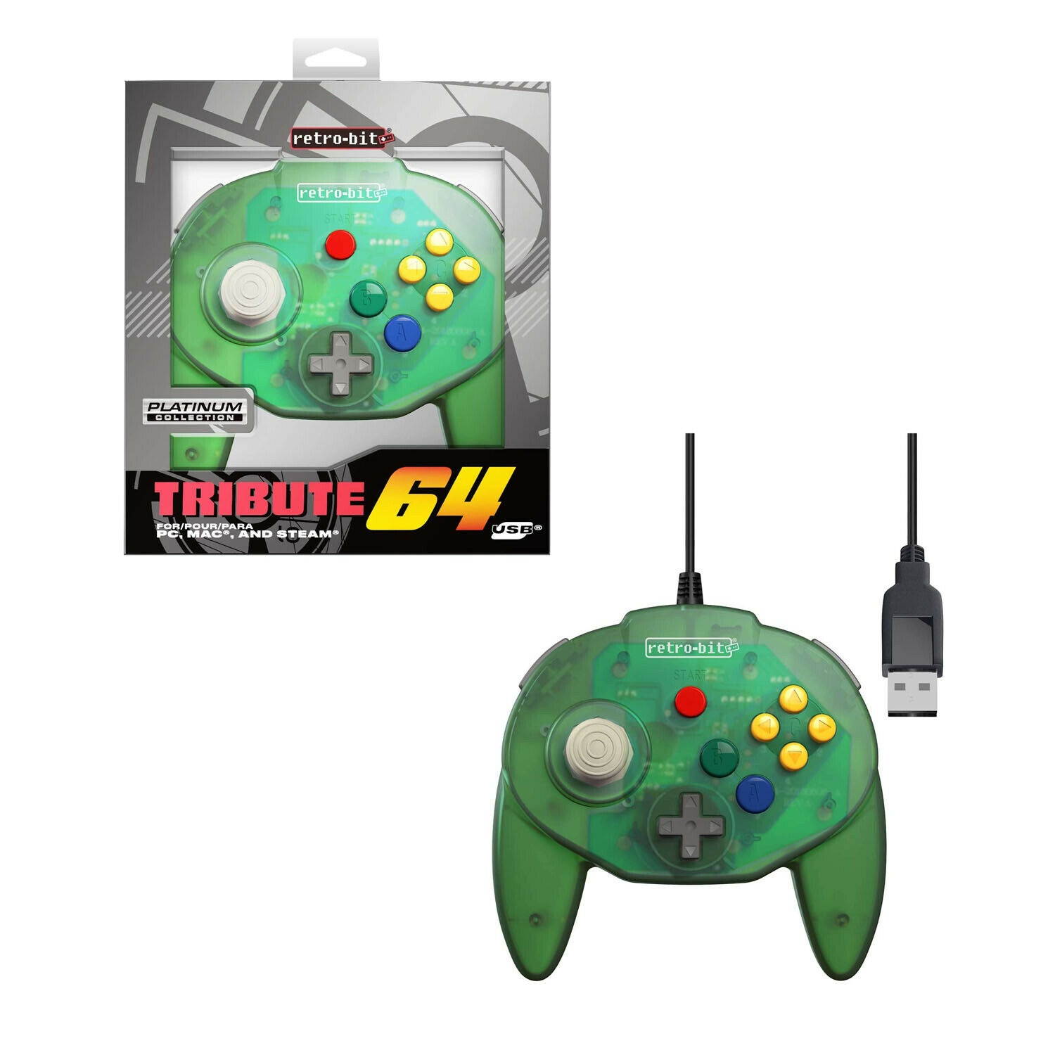 PC - GREEN TRIBUTE USB Gamepad Retro-Bit 10ft. Nintendo 64 N64 MAC Controller
