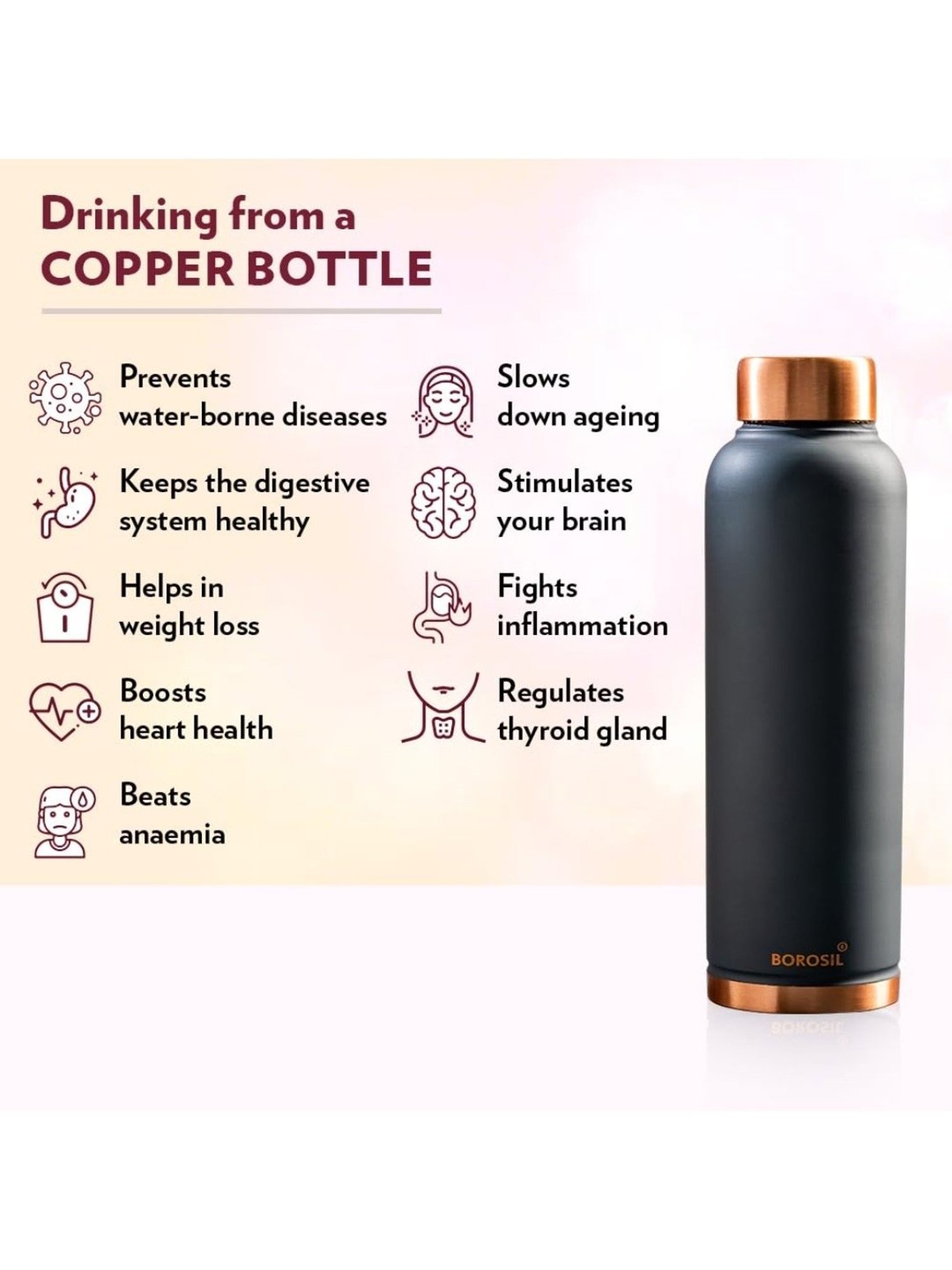 Borosil Grey Copper Bottle With Double Wall Vacuum (1 L)