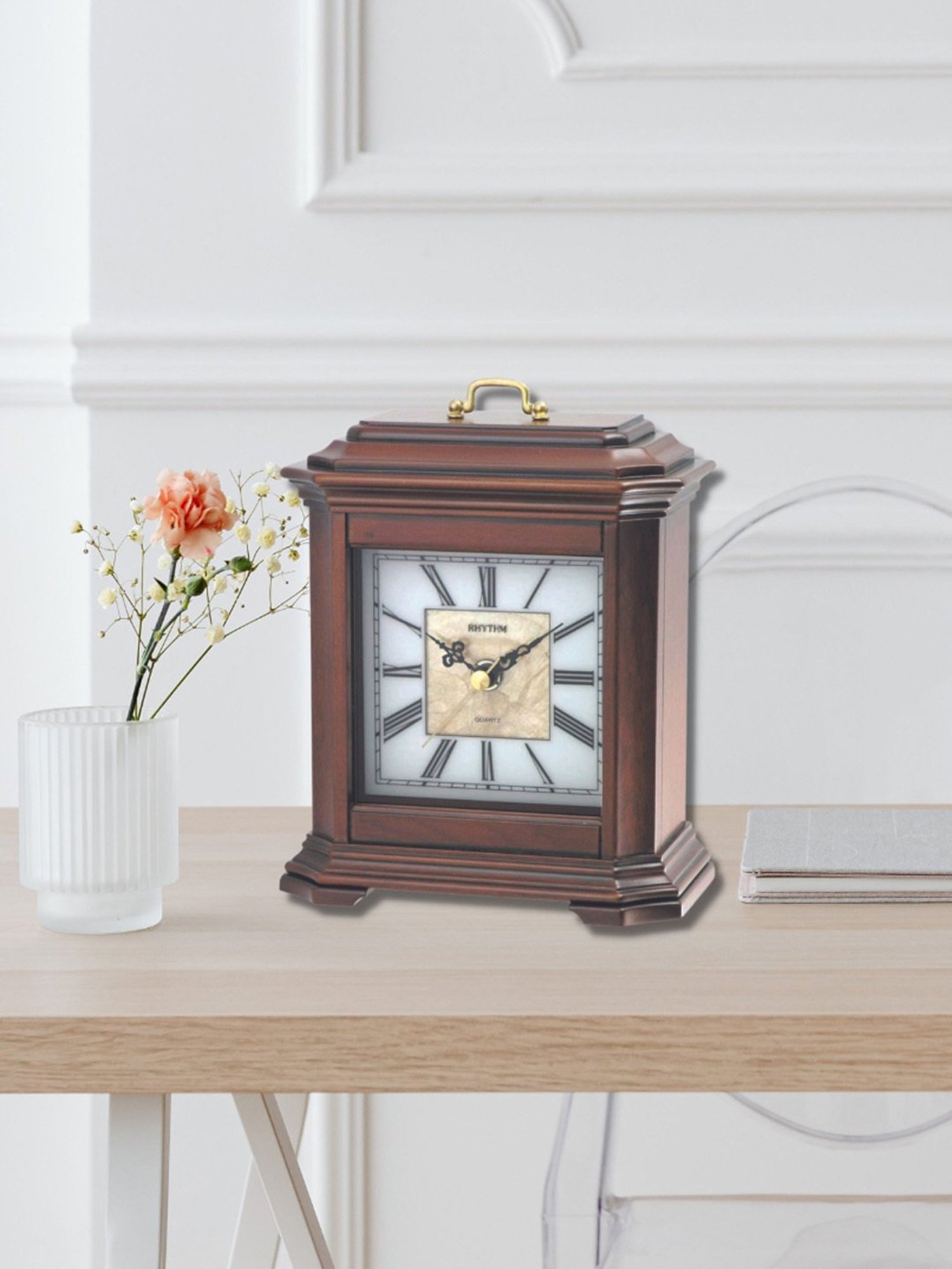 RHYTHM Brown Wood Elegant Rectangular Sea Shell White Dial Table Clock