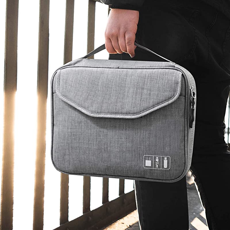 Electronics Organizer,  Electronic Accessories Double Layer Travel Cable Organizer Cord Storage Bag for Cables, iPad (Up to 12.9''), Power Bank, USB Flash Drive and More-Large (Gray)