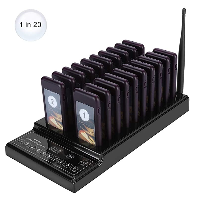43392MHz Wireless Calling System 999channel High Sensitivity Guest Paging System with 20 Rechargeable Pagers Receivers and 1 Transmitter Suitable for RestaurantUS Plug