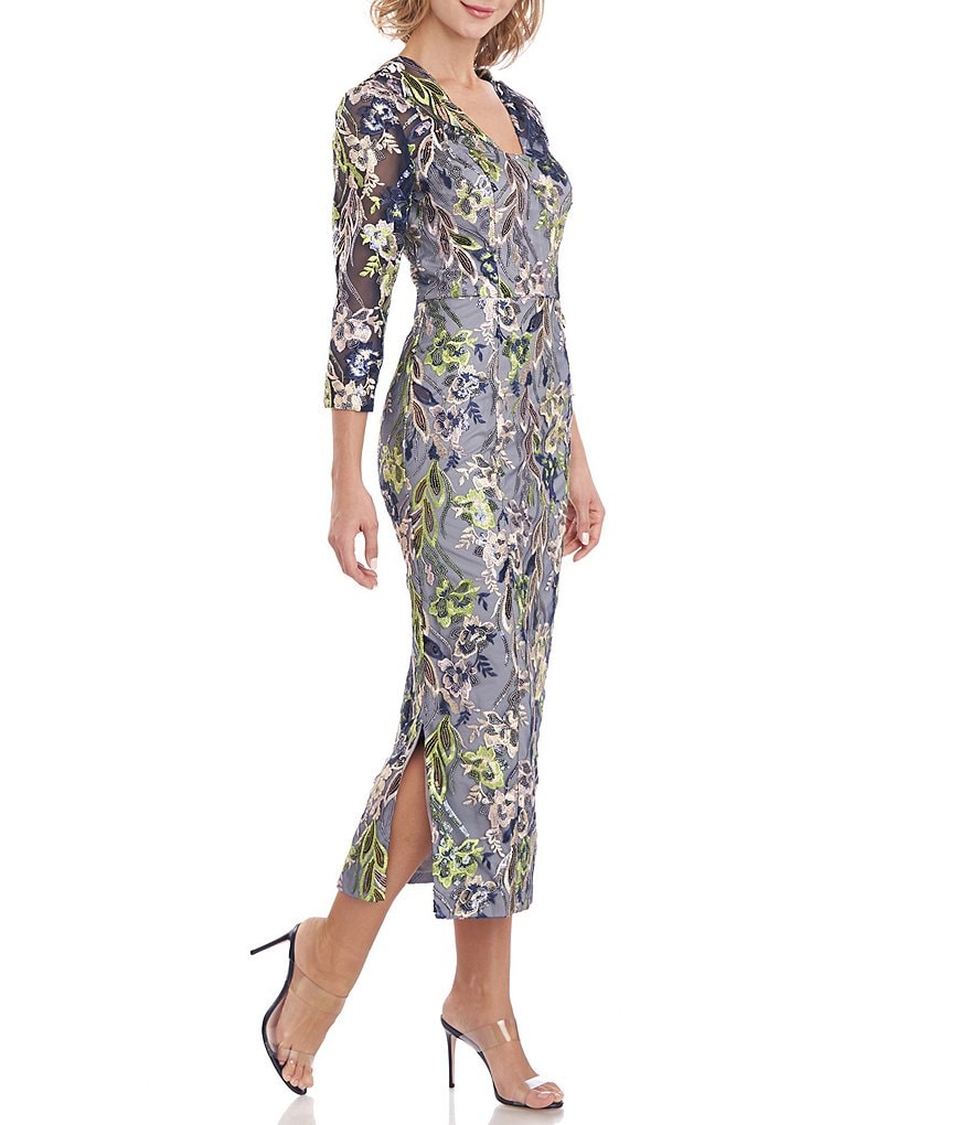 JS Collections V-Neck 3/4 Sleeve Floral Sequin Mesh Midi Dress
