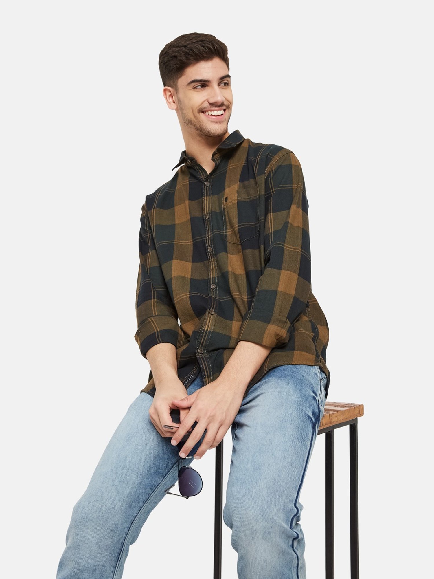 METTLE Espresso Cotton Regular Fit Checks Shirt