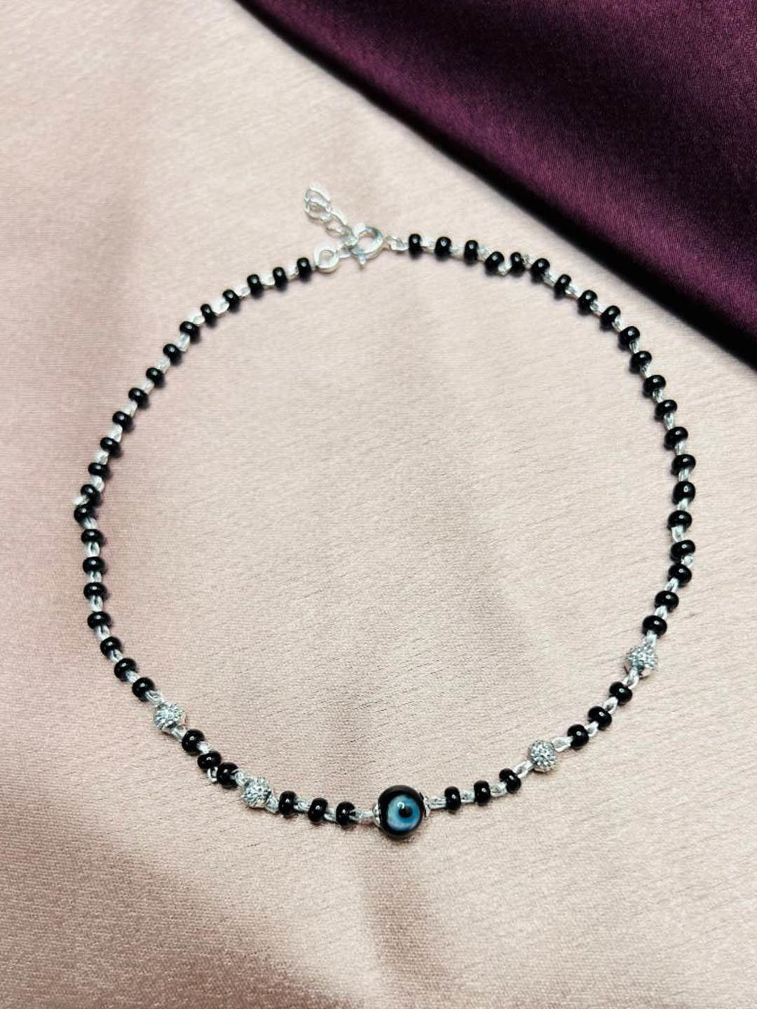 Arte Jewels 925 Sterling Silver Black Beads Evil Eye Anklet for Women & Girls (Single Anklet)