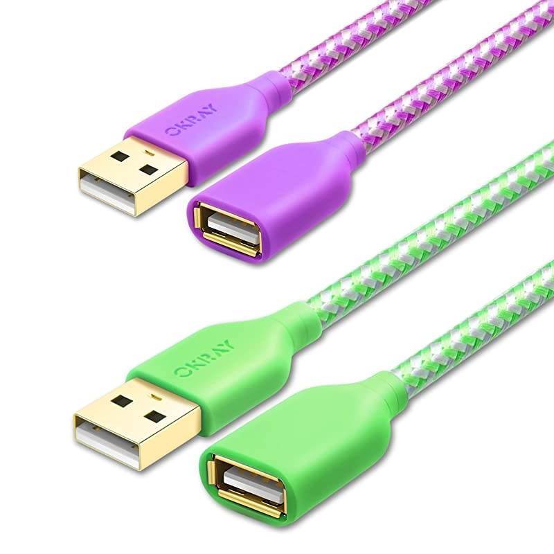 USB Cable Extension,  2 Pack 6 FT/1.83M Durable Nylon Braided USB 2.0 Extension Cable A Male to A Female Extender Cord Compatible with Keyboard, Mouse, Printer, Game Controller (Purple Green)