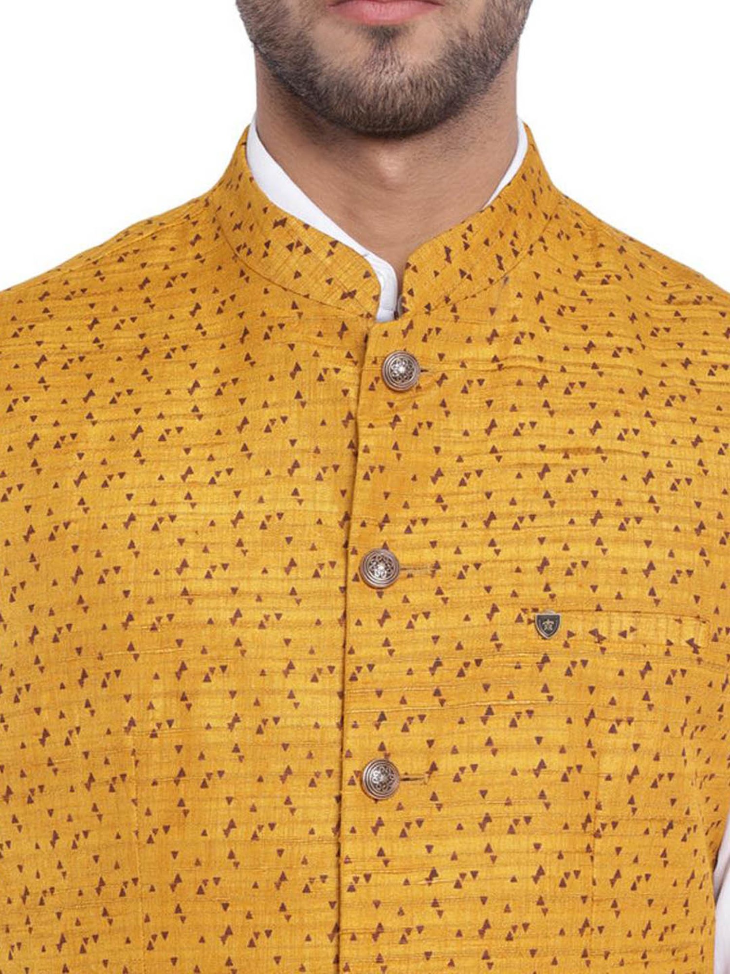 Turtle Yellow Cotton Slim Fit Printed Nehru Jacket