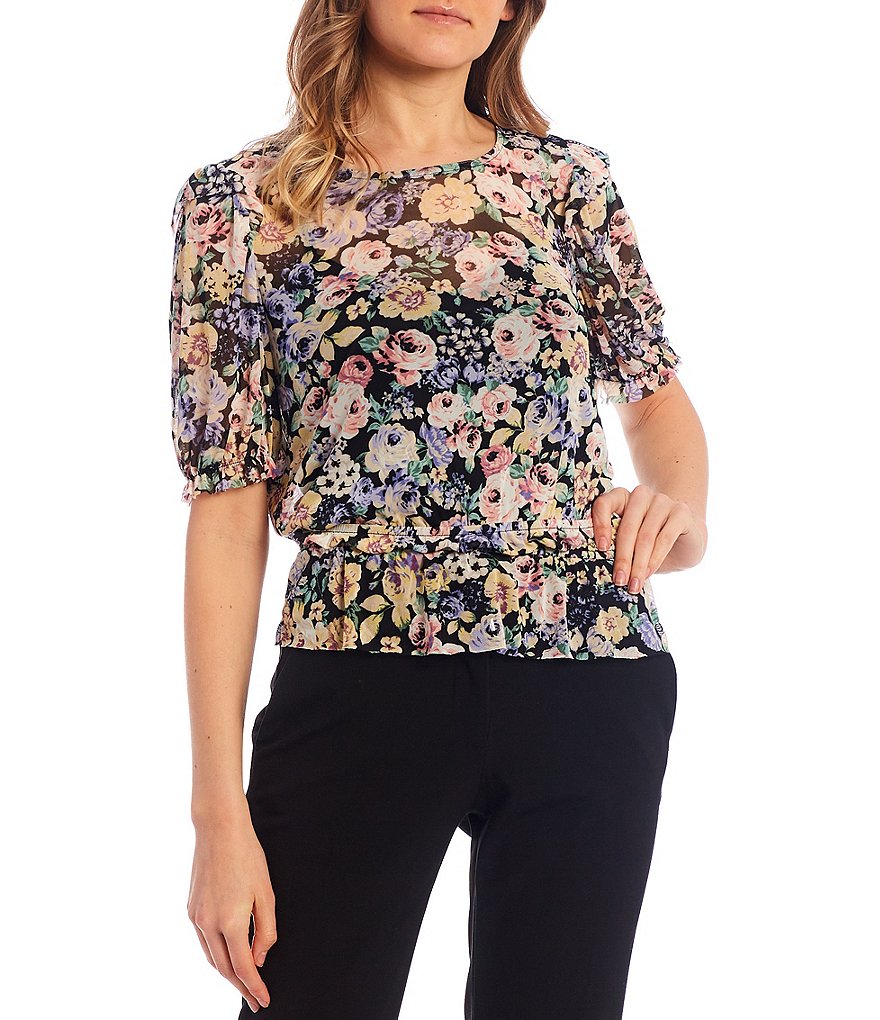 I.N. San Francisco Elbow-Sleeve Smocked Waist Floral Printed Peplum Top