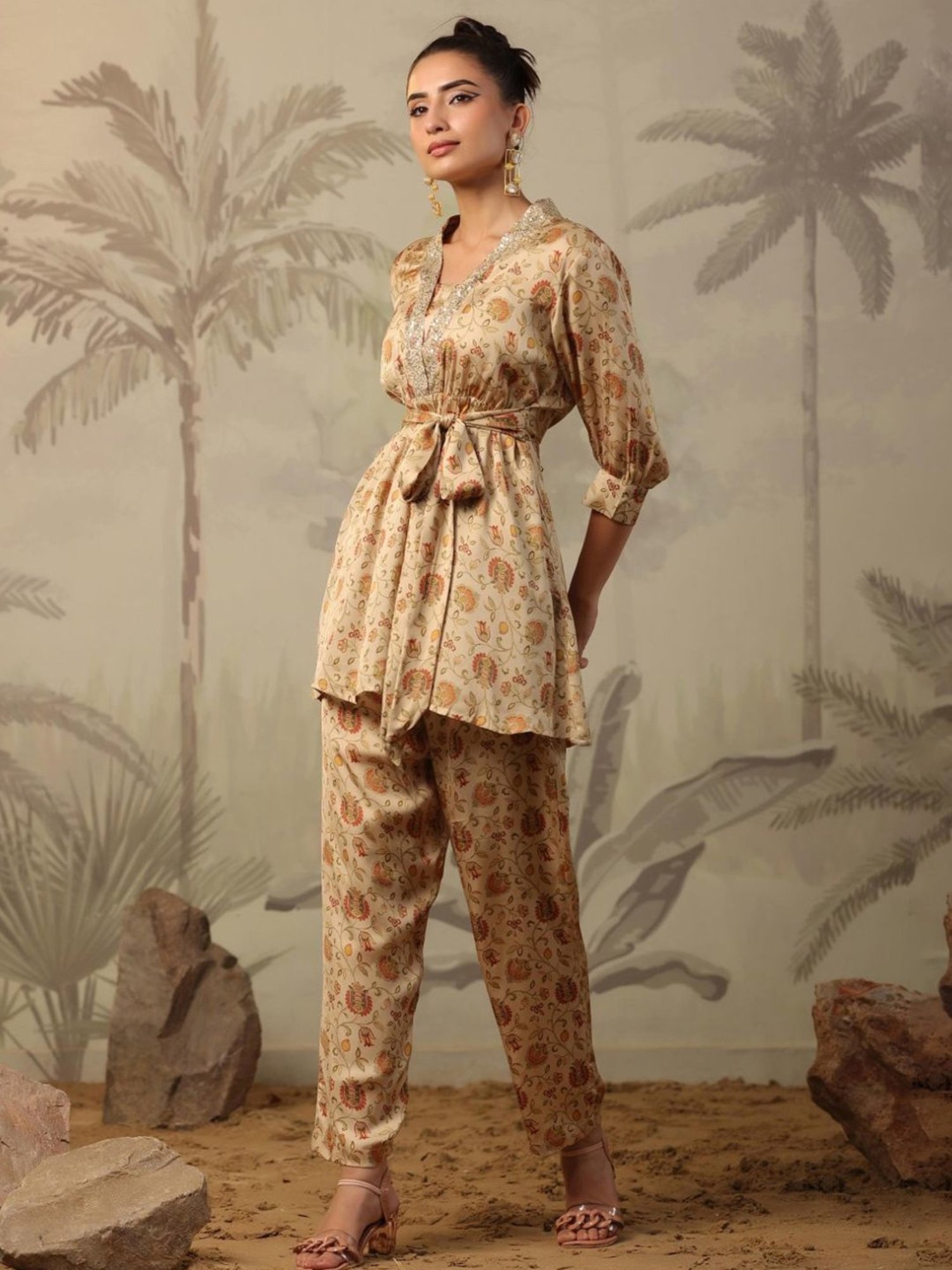 Artagai Beige Co-Ord Set with Notch Collar Kurta and Straight Pants