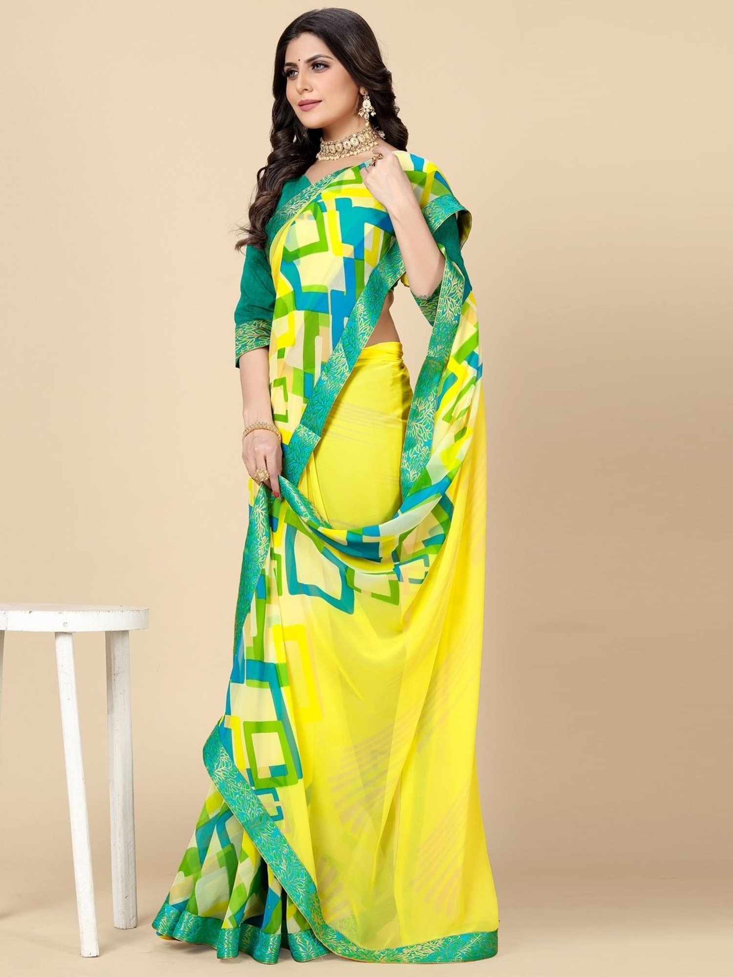 Rangita Yellow Printed Saree With Unstitched Blouse