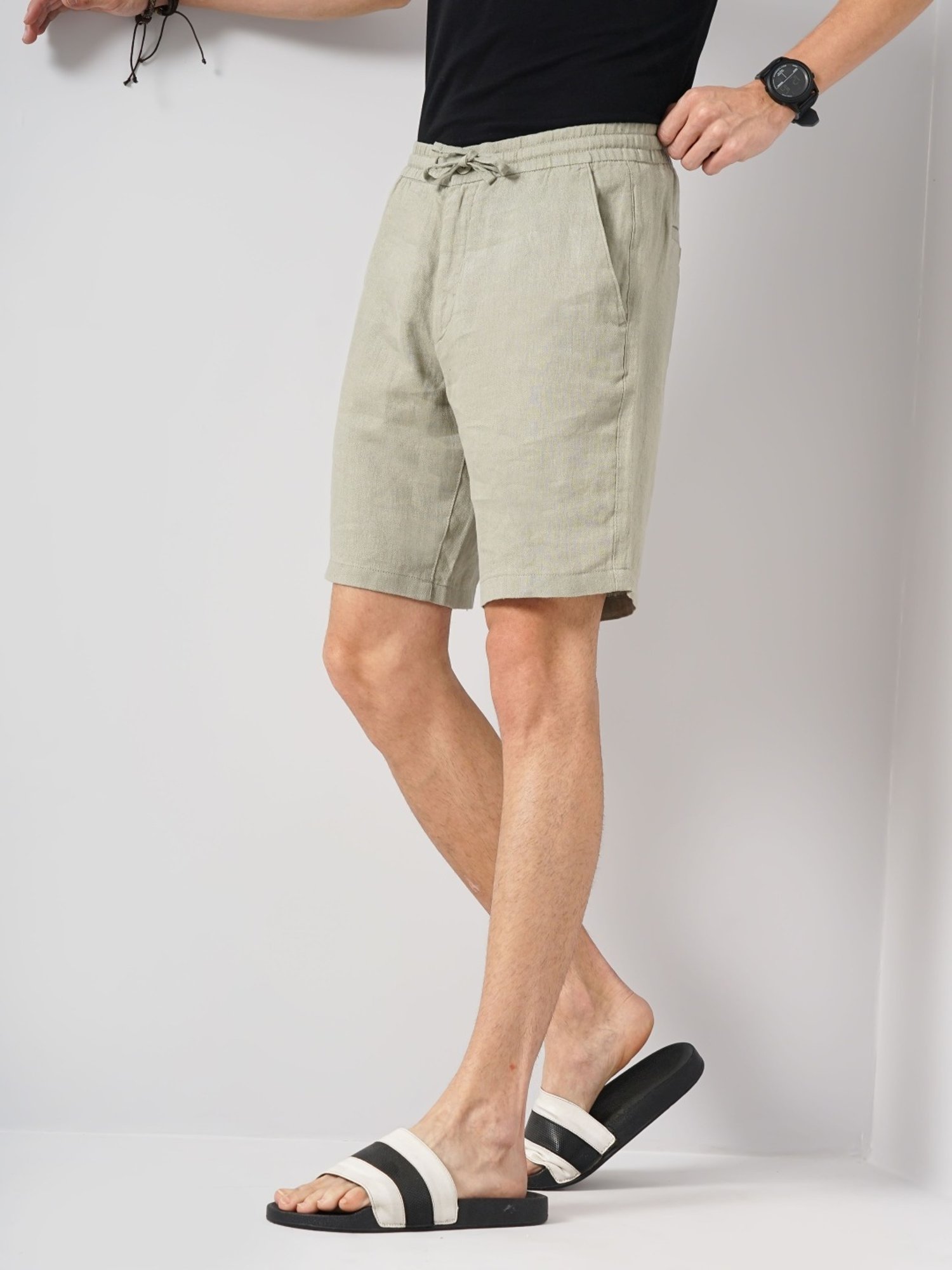Celio Vert Sauge Linen Loose Fit Shorts