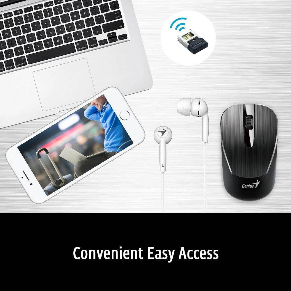 Genius Mobile Package MH-7018 [Classic] - Wireless Smart Mouse and in-Ear Headset Combo for Mobility Users, Stylish Brushed Metal Look, No Pairing Required, Plug & Play on Laptops & Macbooks - White