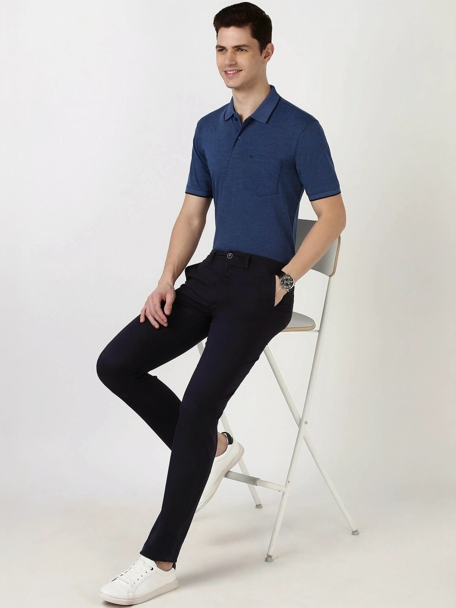 Peter England Navy Regular Fit Texture Polo T-Shirt