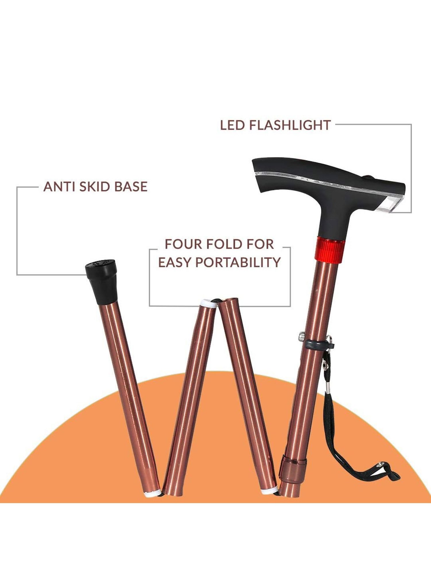 MCP Smart Folding Adjustable Walking Stick with LED Torch SOS Alarm - Single Leg (Brown)