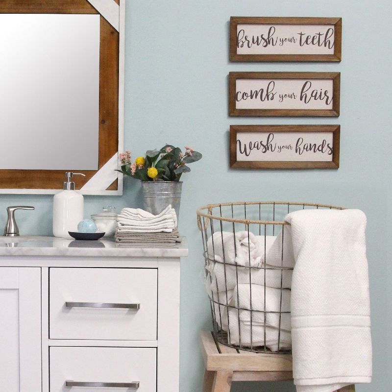 Stratton Home Decor Set of 3 Wash, Brush, Comb Cursive Quote Print Sign Rustic Farmhouse Washroom Printed Bathroom Rules Decoration Wall Art, Brown