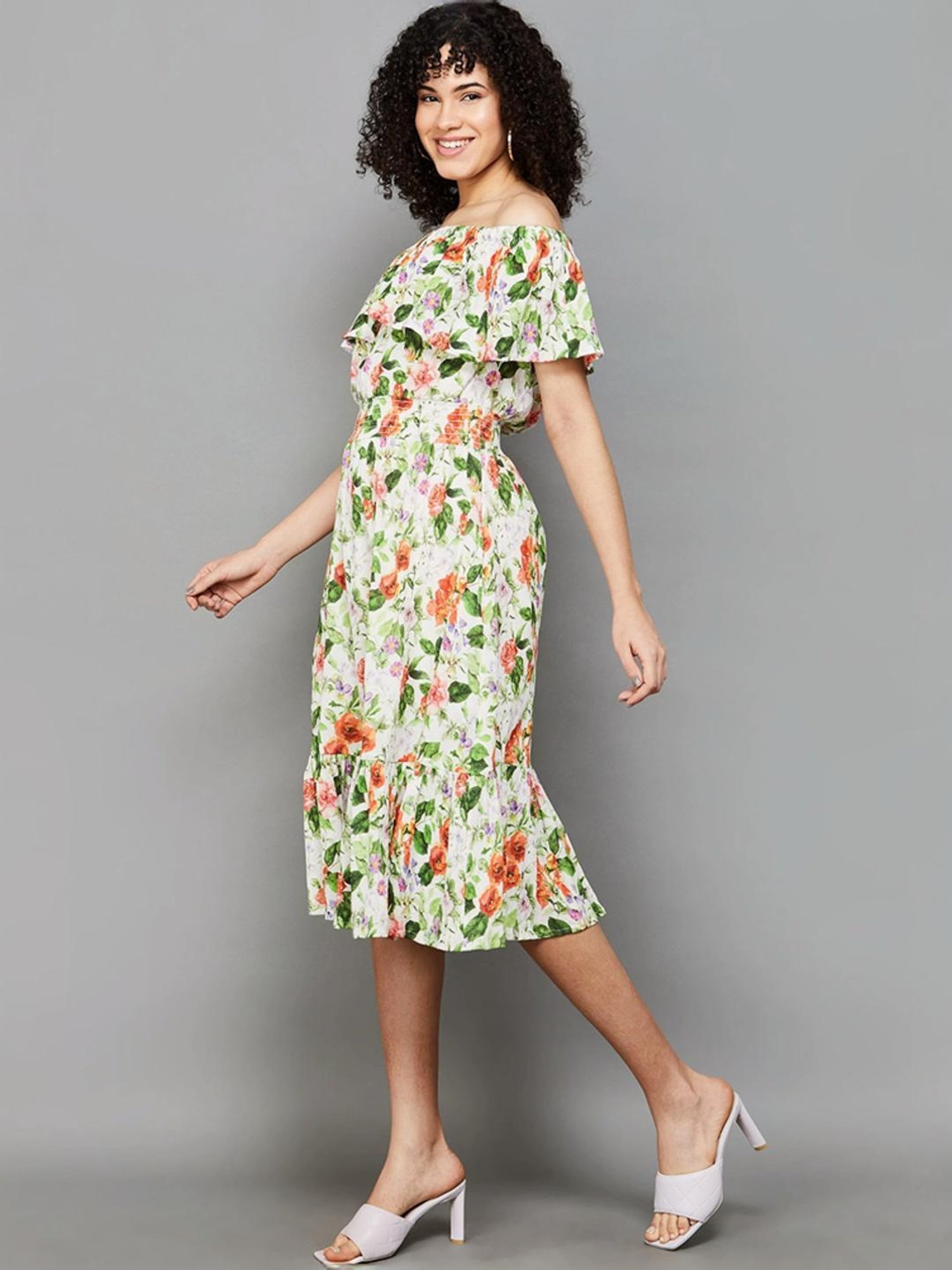 Colour Me by Melange Off-White Cotton Floral Print A-Line Dress