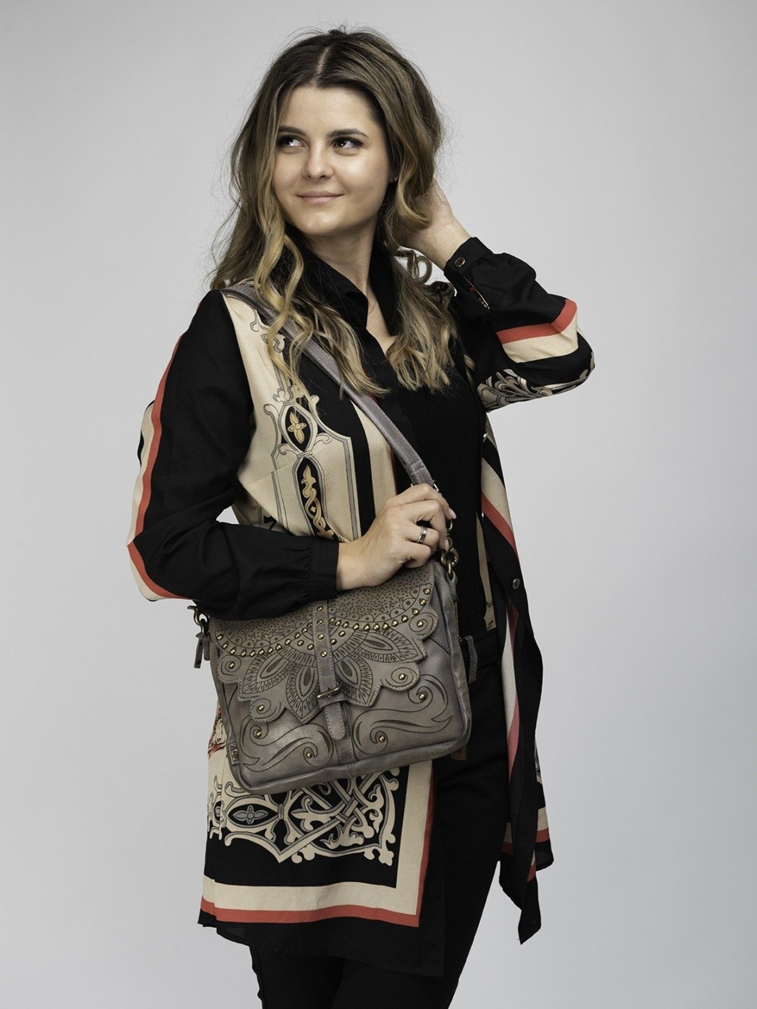 Art N Vintage Carob Grey Leather Textured Medium Sling Handbag