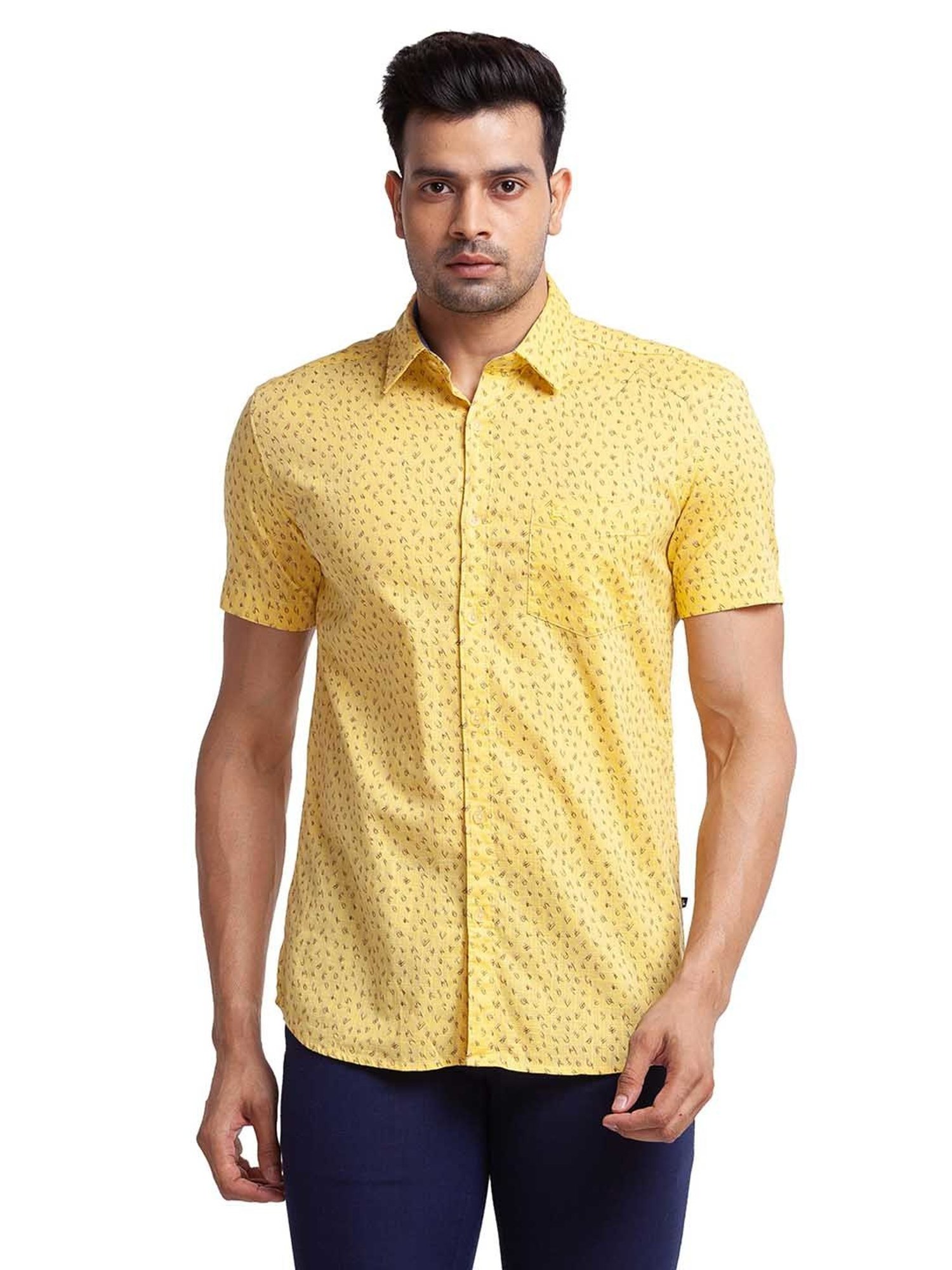 Parx Yellow Slim Fit Printed Shirt