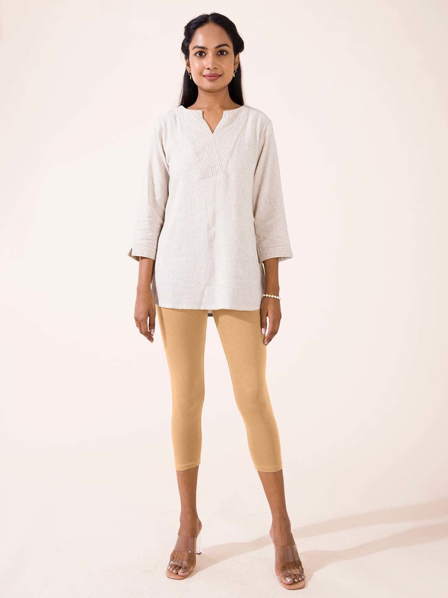 Go Colors! Beige Cotton Crop Leggings