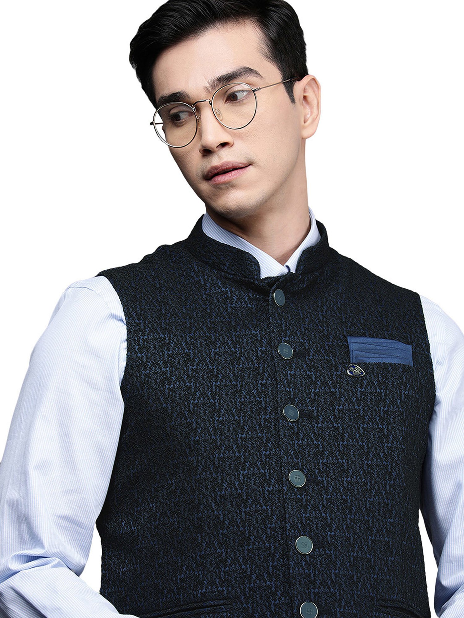 Manyavar Blue Mandarin Collar Nehru Jacket
