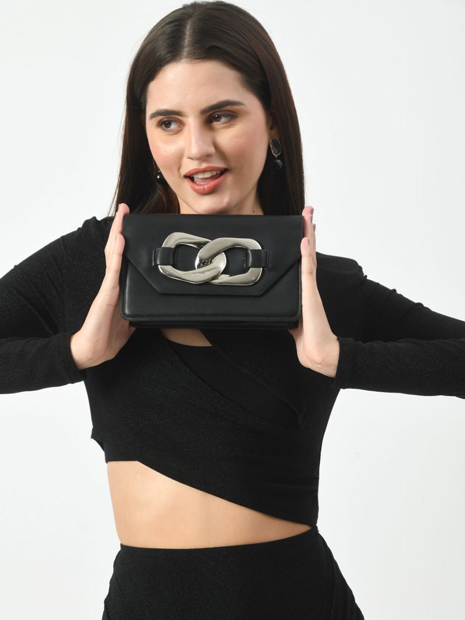 Angeline Black Solid Medium Sling Handbag