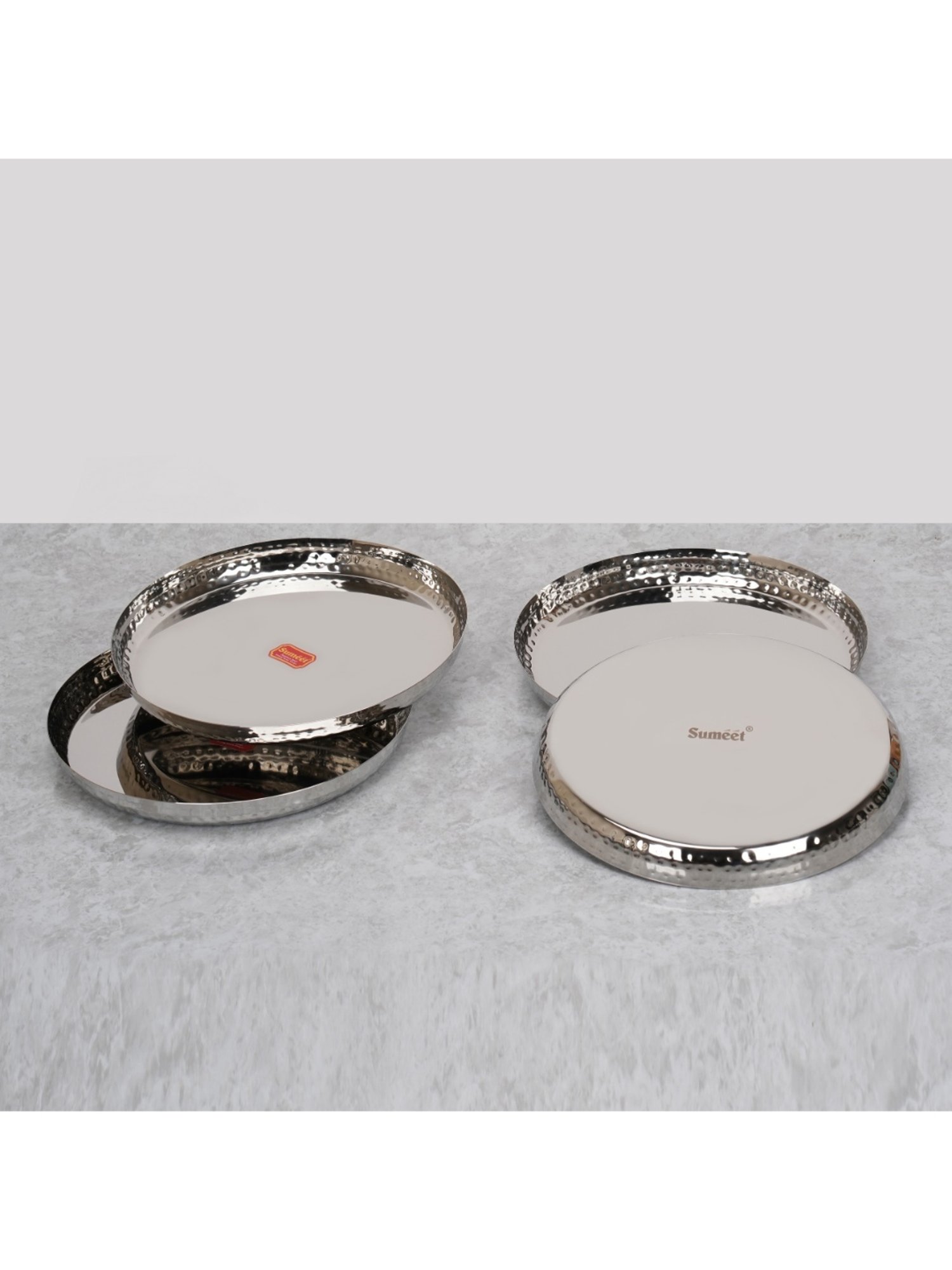 Sumeet S.S.Handcrafted Hammered Texture Heavy Gauge Mirror Finish Royal Dinner Plate set-4pc,29.5cm