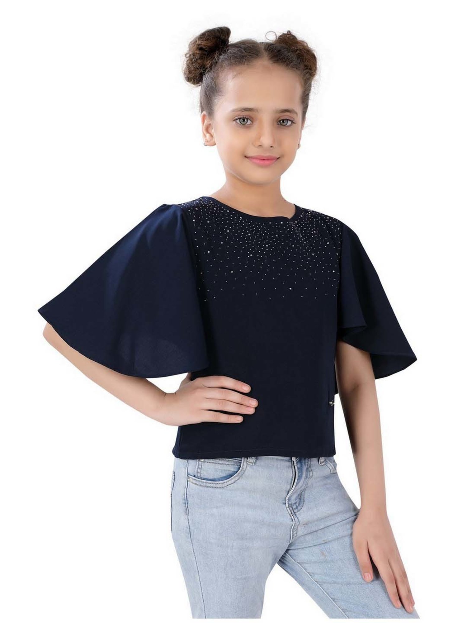 poplins Kids Navy Cotton Embellished Top