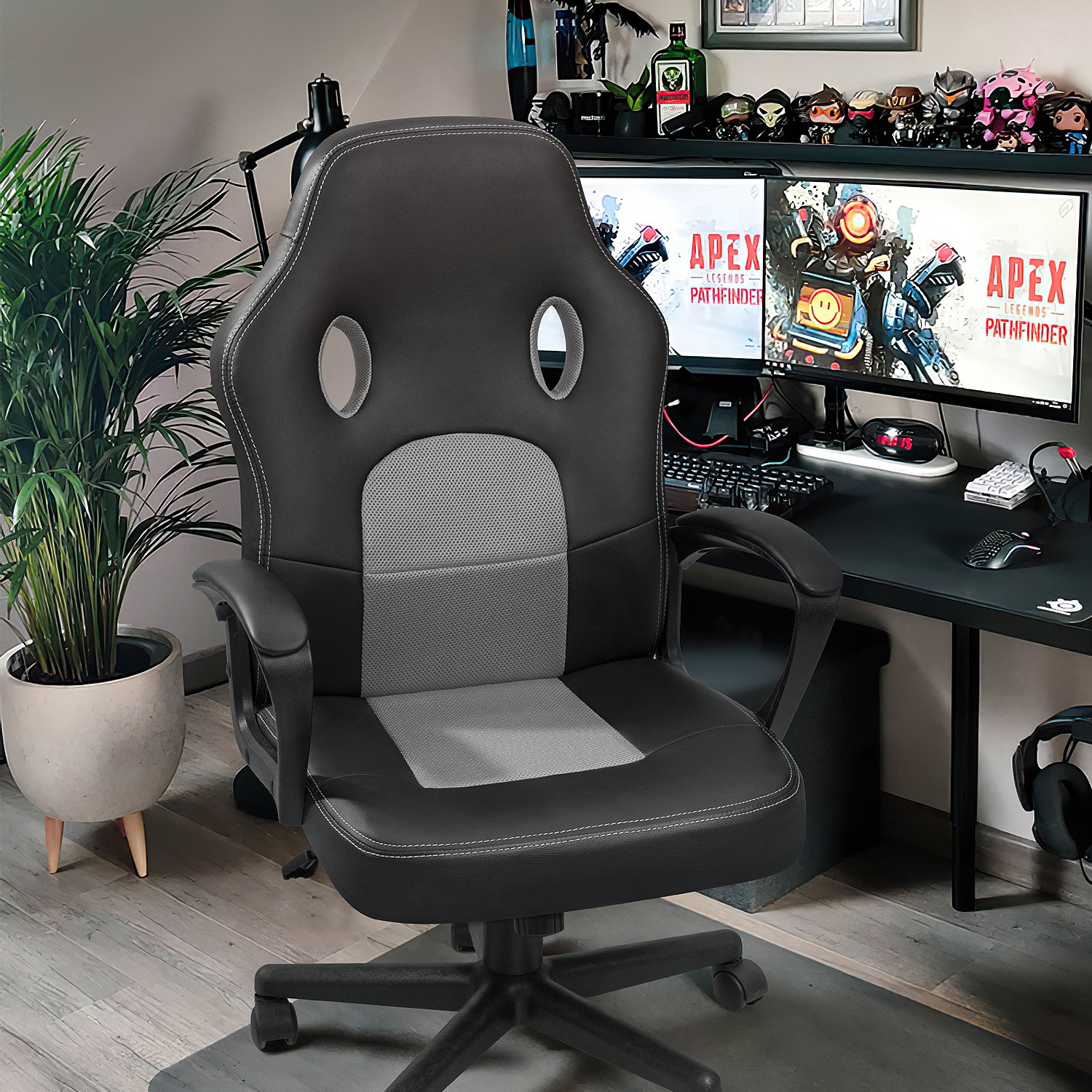 Furmax Office Desk Leather Gaming, High Back Ergonomic Adjustable Racing Task Swivel Executive Computer Chair Headrest and Lumbar Support (Black)