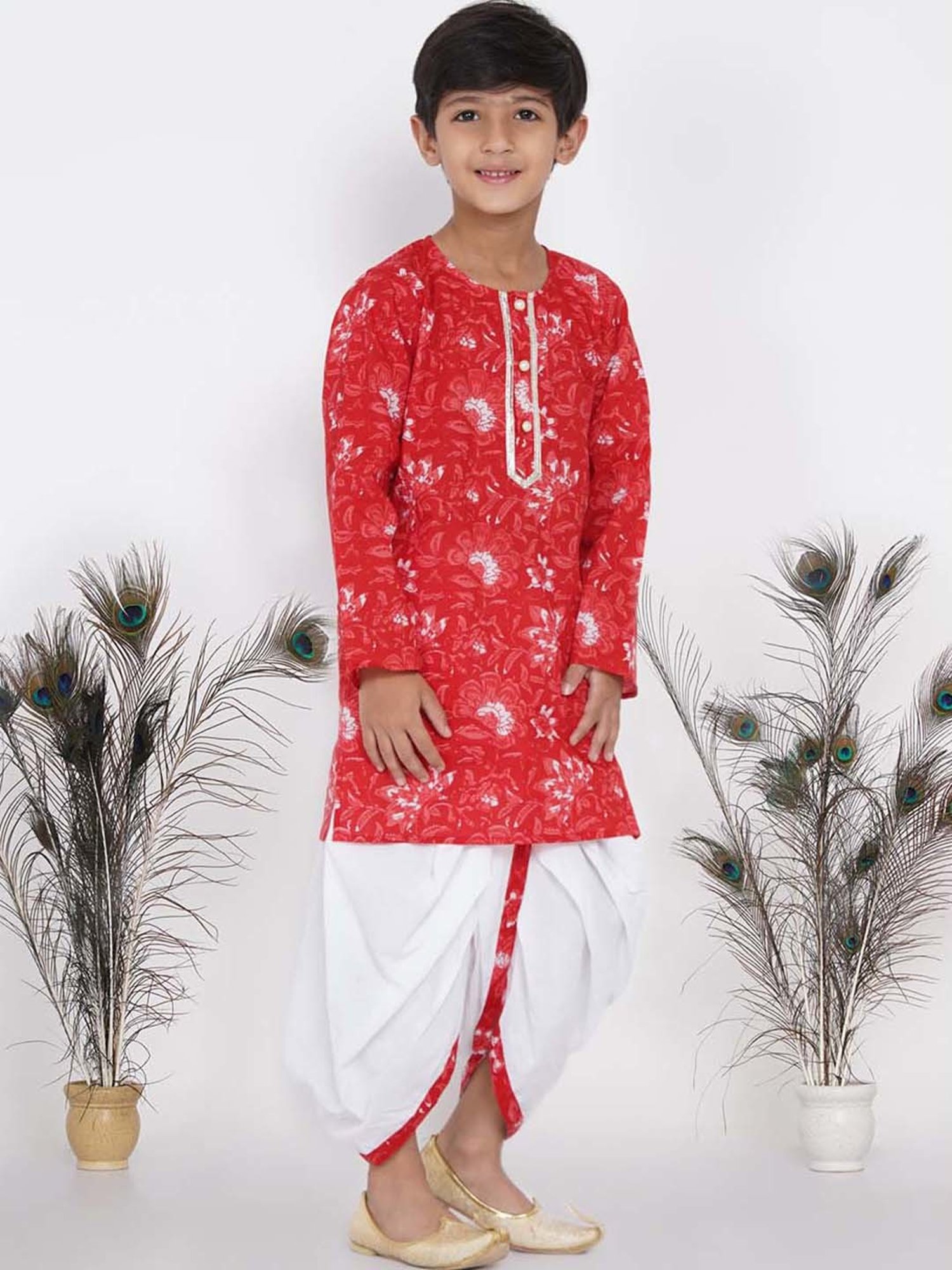 Little Bansi Kids Red & White Cotton Floral Print Kurta Set