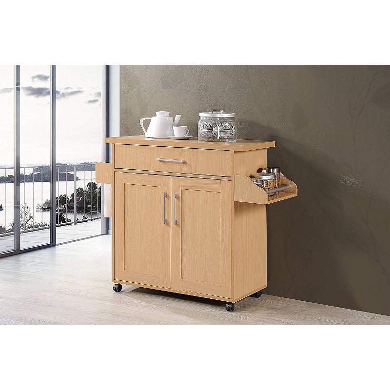 Hodedah Wheeled Kitchen Dining Room Island Cart with Large Spice Rack and Towel Holder, Beech