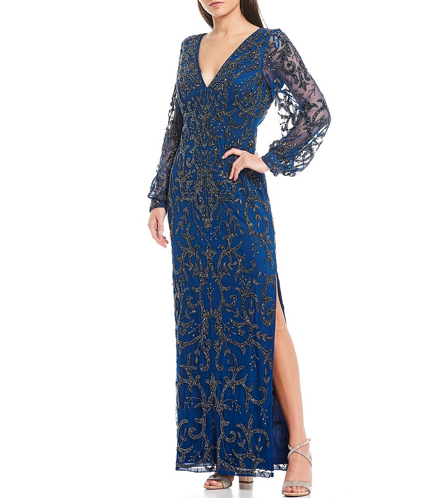 Aidan Mattox Plunge V-Neck Long Illusion Balloon Sleeve Beaded Mesh Side Slit Gown