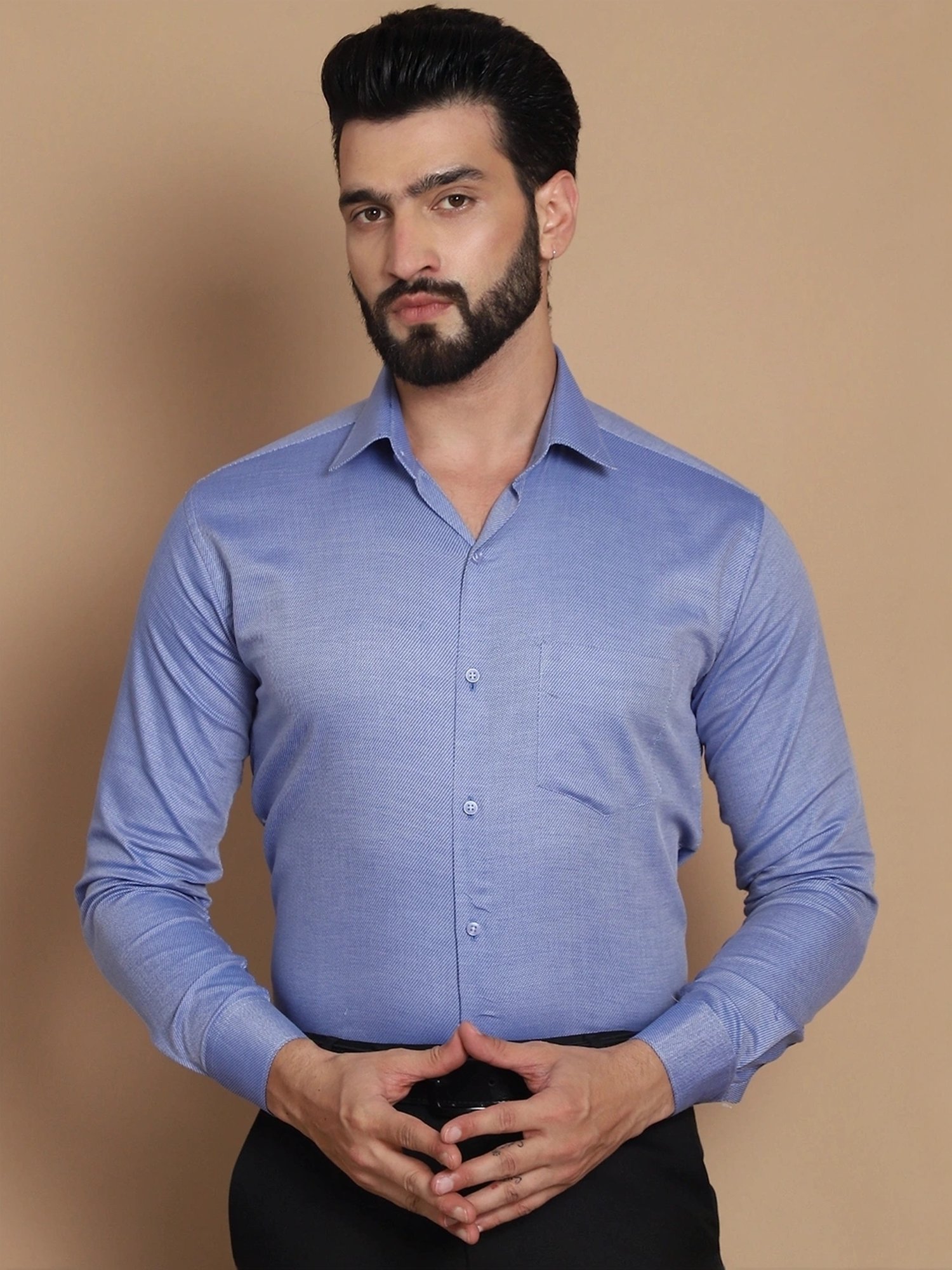 Tag 7 Blue Cotton Regular Fit Texture Shirt