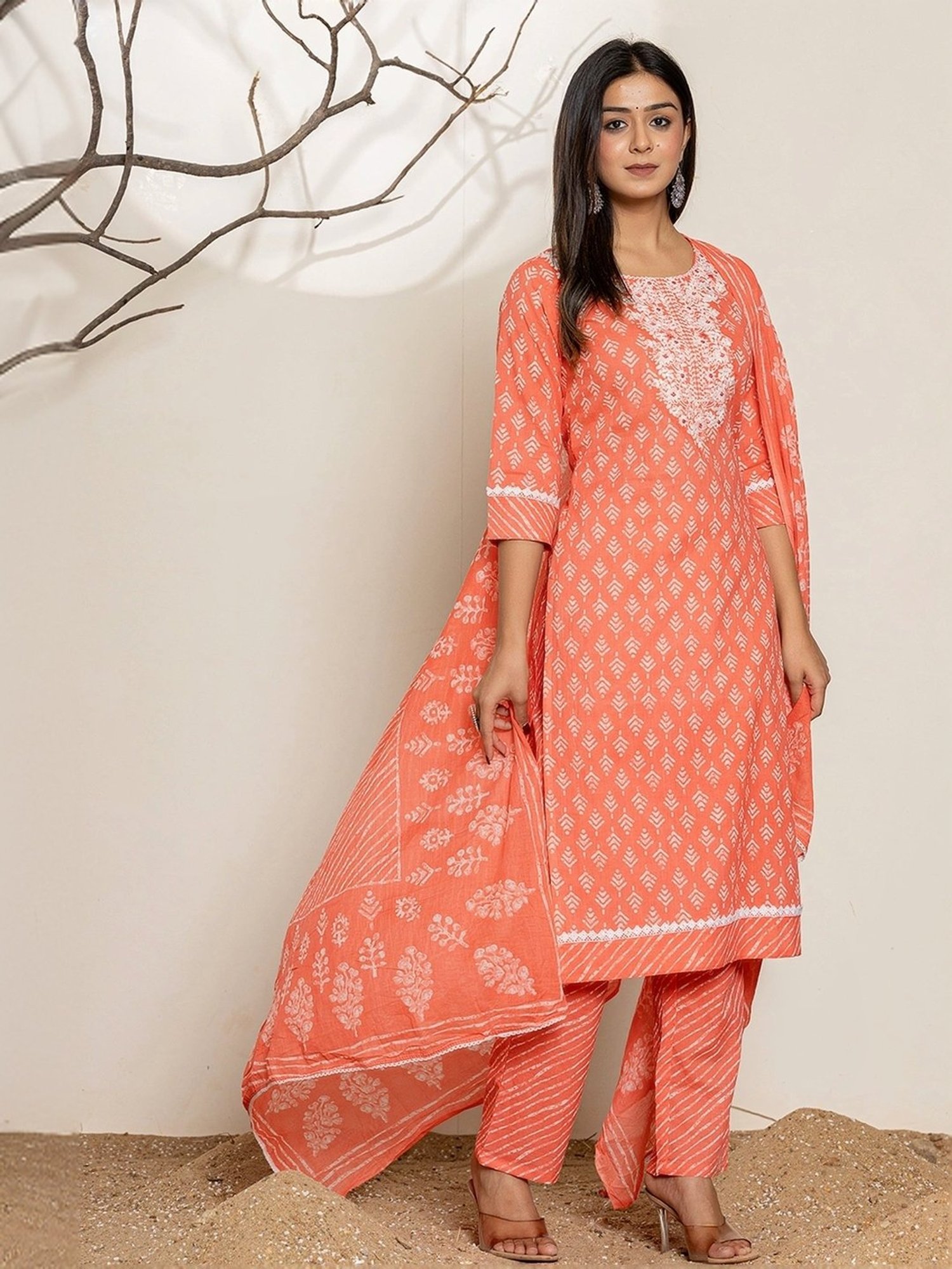 Yufta Peach Cotton Embroidered Kurta Pant Set With Dupatta