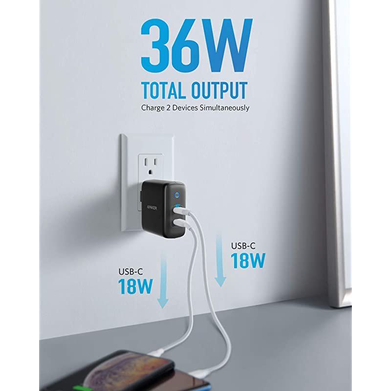 iPhone Charger USB-C,  36W 2-Port PIQ 3.0, PowerPort III Duo Type C Foldable Fast Charger, Power Delivery for iPhone 12/12 Mini/12 Pro/12 Pro Max/11/XR, Galaxy, Pixel, iPad Pro and More