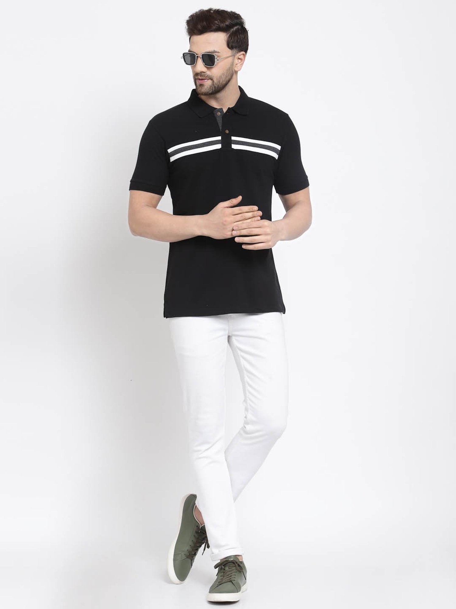 Kalt Black Regular Fit Striped Polo T-Shirt